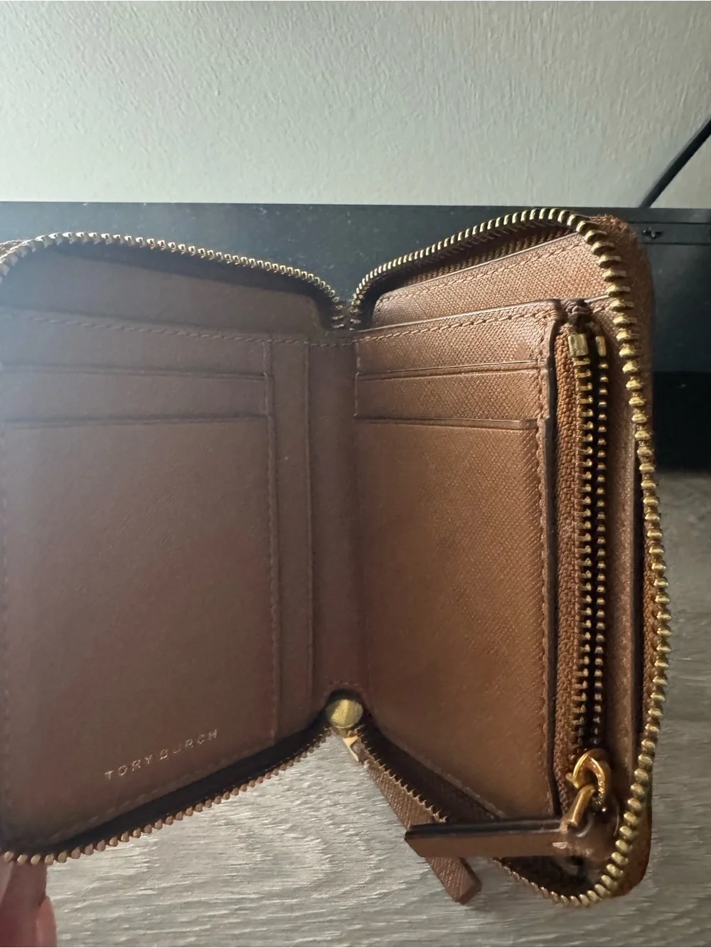 Tory Burch Brown Saffiano Zip Around Wallet with Gold Logo